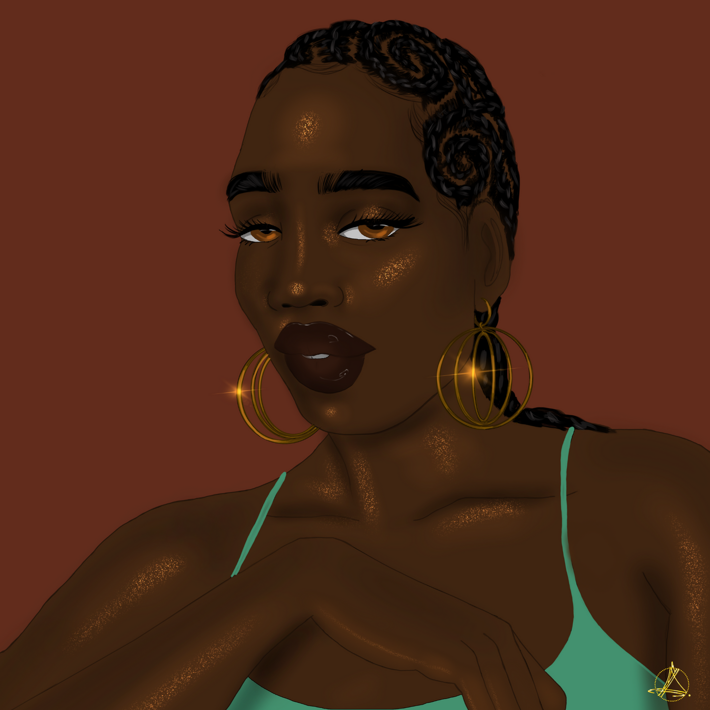 A digital visual art of a black dark skinned woman wearing Zvet gold olated intertwined hoops symbolising ubuntu