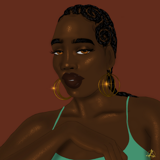 A digital visual art of a black dark skinned woman wearing Zvet gold olated intertwined hoops symbolising ubuntu