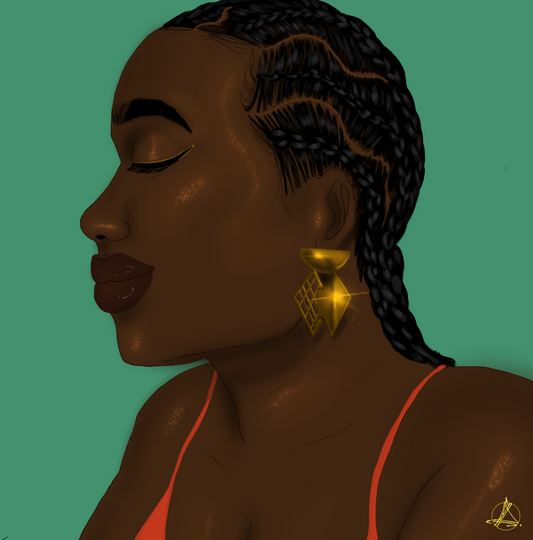 ZVET EFA earrings;  digital art of a portrait of a black African woman wearing a statement jewellery