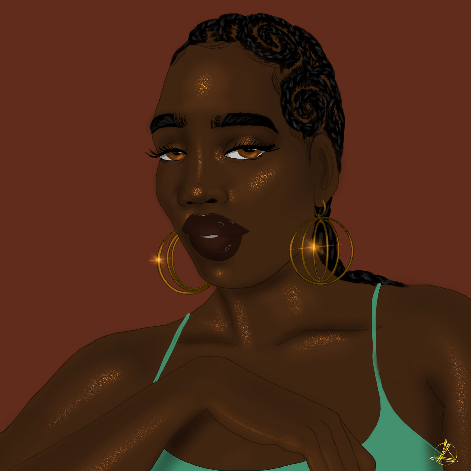 Digital art of a black woman with cornrows wearing our hoops Nana gold plated earrings. 