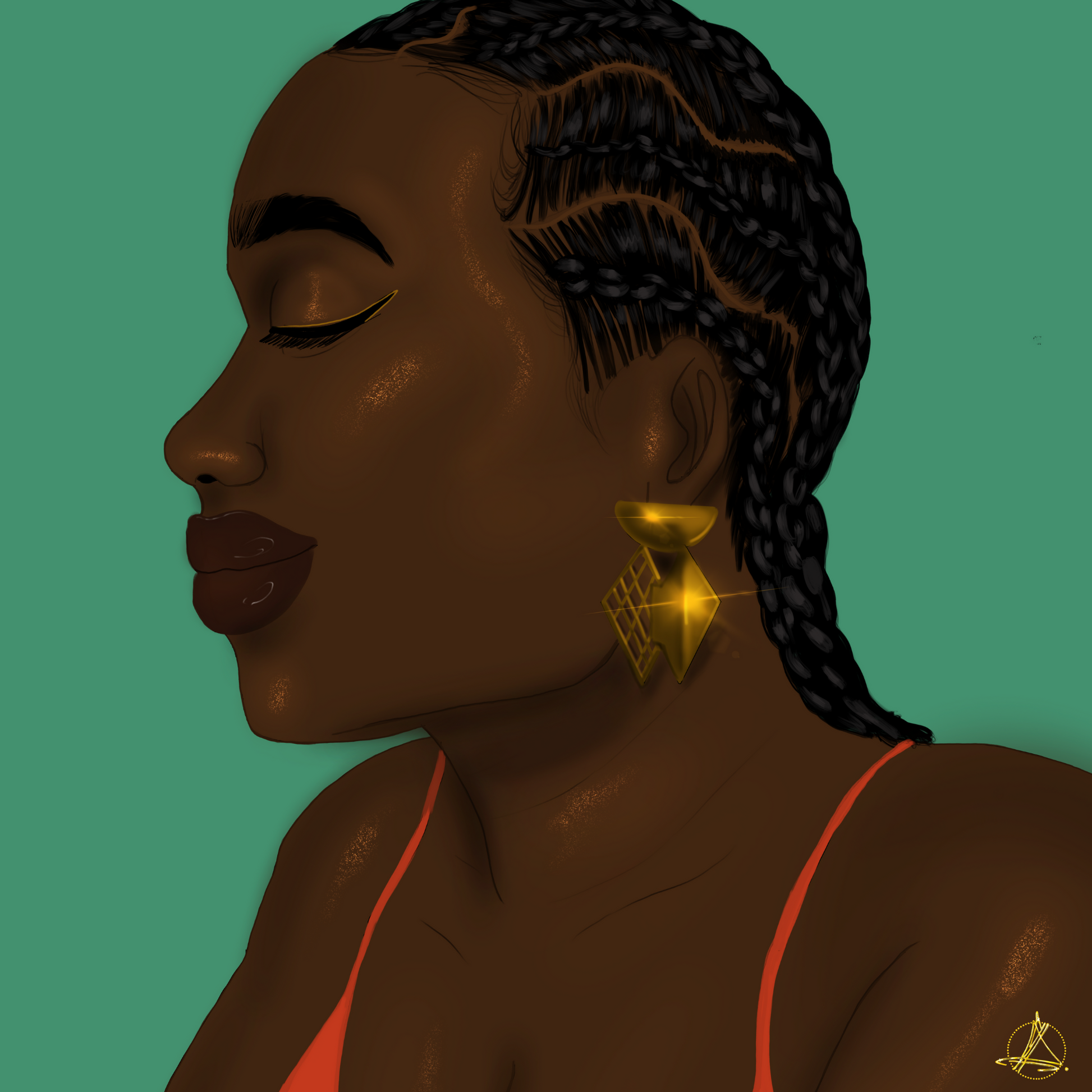 A visual art of a black woman wearing gold plated earrings 