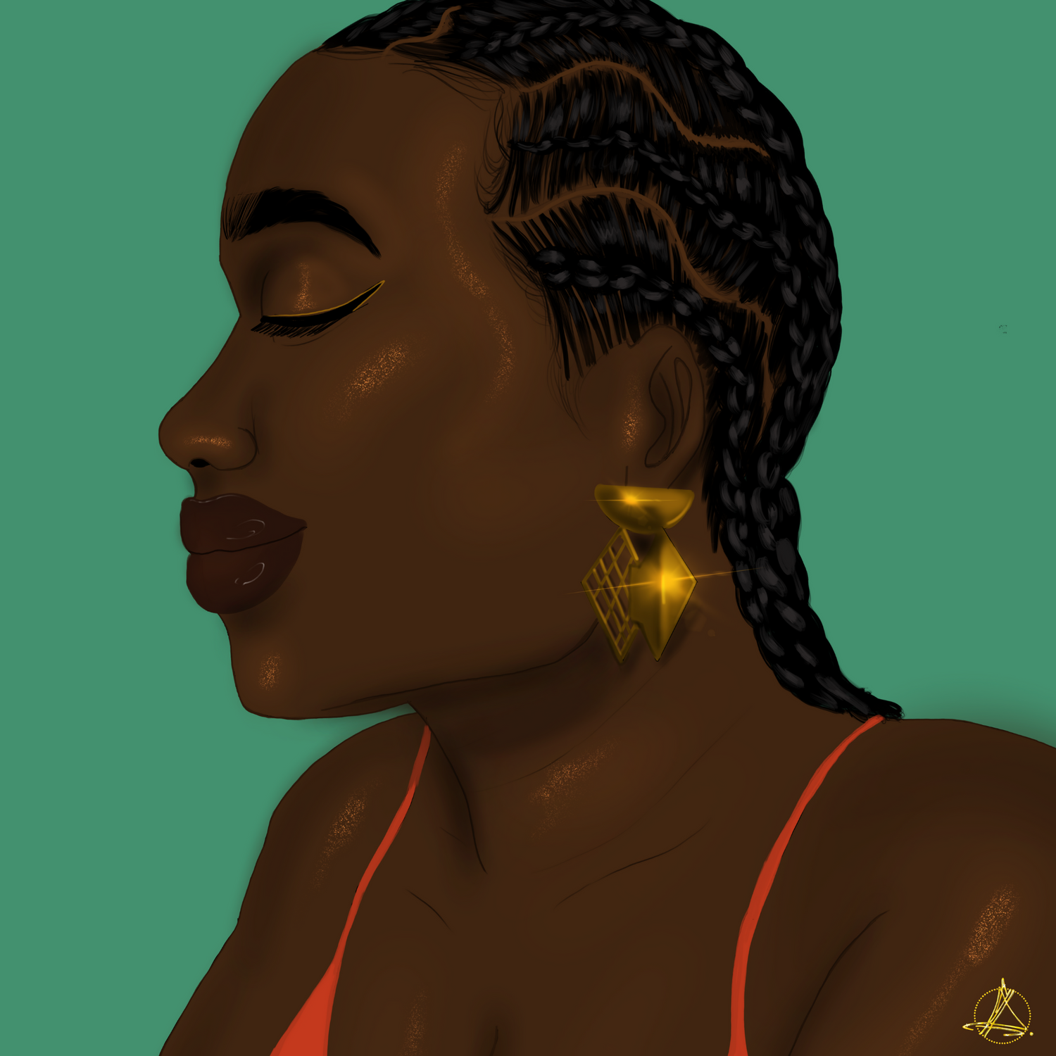Digital art of a black woman wearing a gold plated stud in a rhombus form with cornrows.