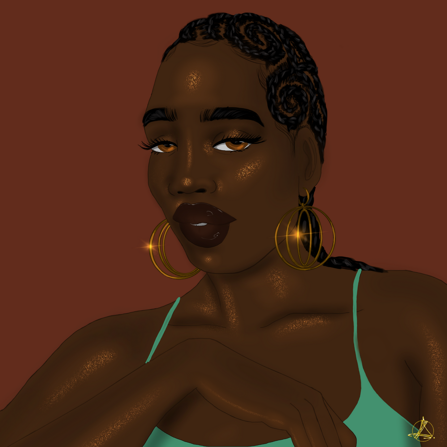 A digital visual art of a black dark skinned woman wearing Zvet gold olated intertwined hoops symbolising ubuntu 